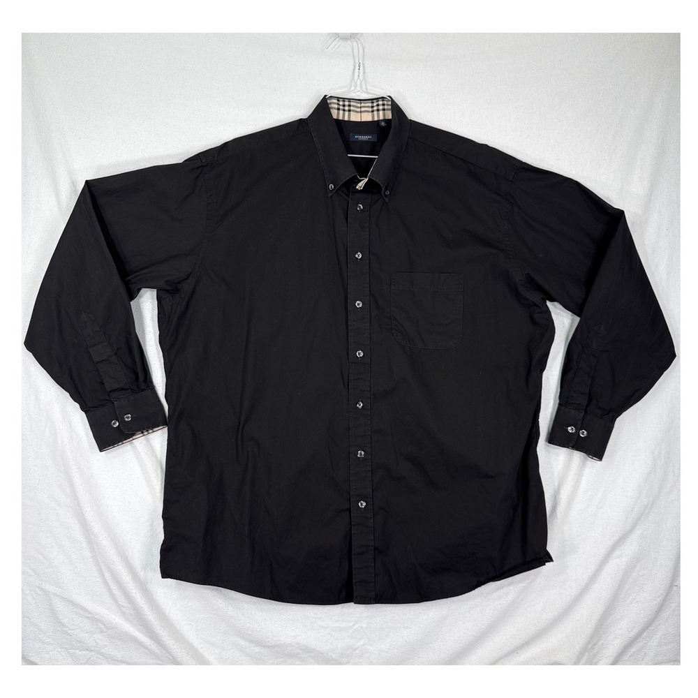 Burberry Black Long Sleeve Button-Down Shirt with Vintage Check Trim